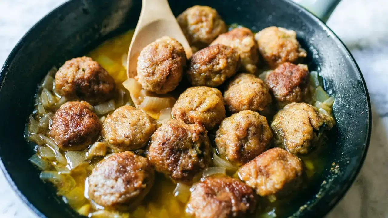 Polpette di carne morbide in padella, dorate e succulente, cuociono in un sughetto saporito con cipolle.