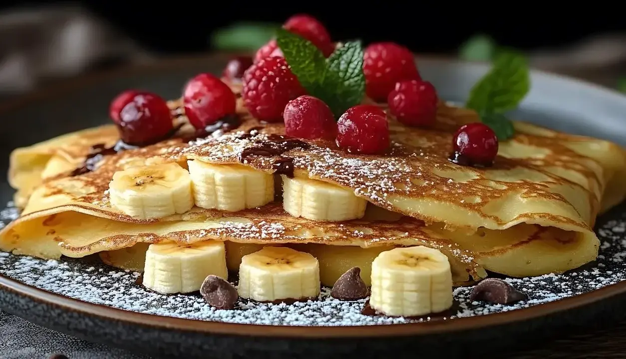 Deliziose crepes dolci con banane, lamponi, sciroppo al cioccolato e zucchero a velo. Una ricetta perfetta per una colazione speciale.