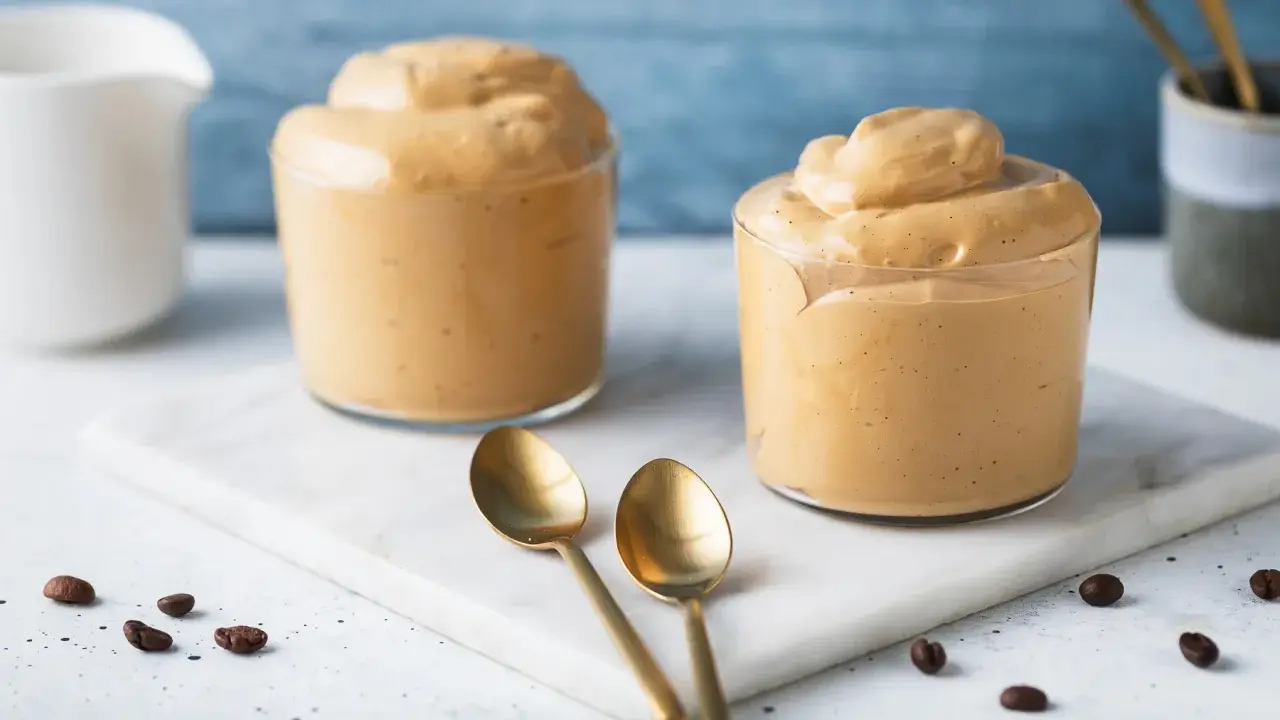Due bicchieri di cremosa schiuma di caffè, perfetta per una ricetta crema di caffè senza panna. Due cucchiaini dorati e chicchi di caffè completano la scena.