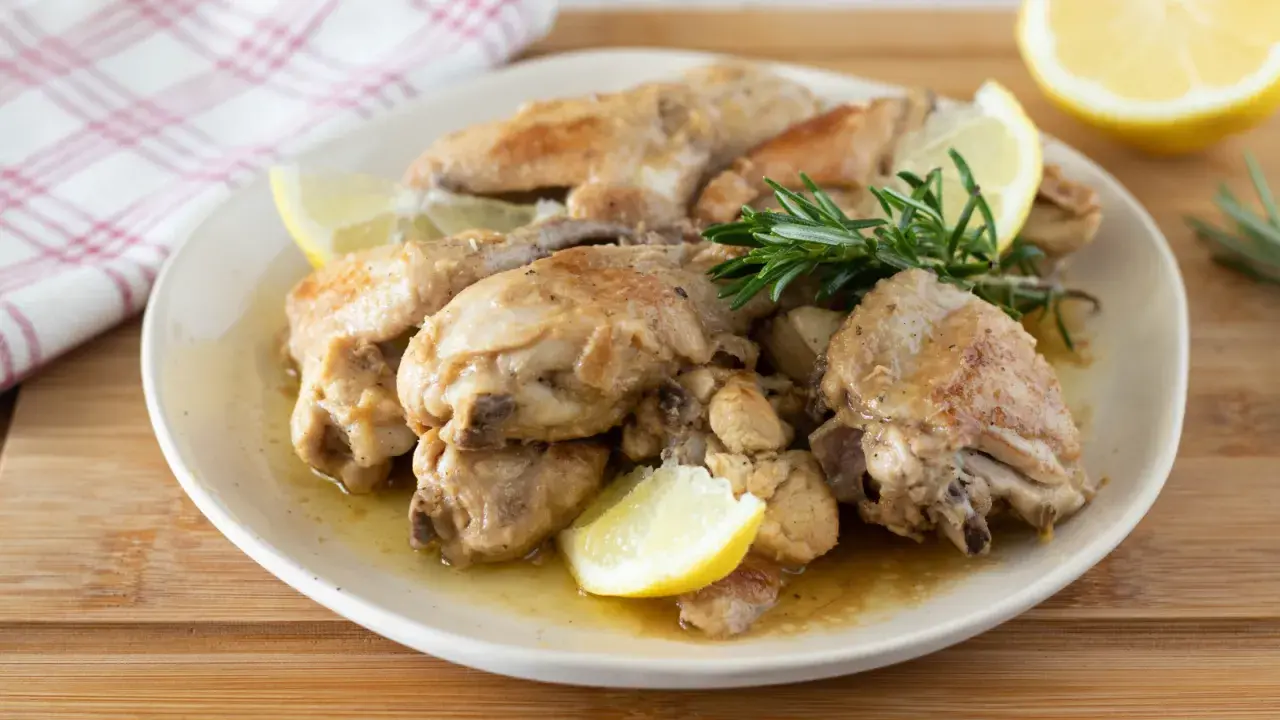 Succulento pollo al limone, dorato e profumato, servito con spicchi di limone fresco e rosmarino su un piatto bianco.