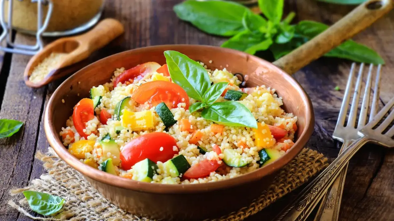 Un piatto colorato con cous cous, pomodori, zucchine e peperoni, perfetto per una ricetta cous cous originale e fresca.