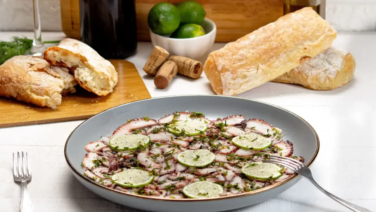 Delizioso carpaccio di polpo, guarnito con fette di lime e erbe aromatiche, pronto per essere gustato con pane fresco e vino.