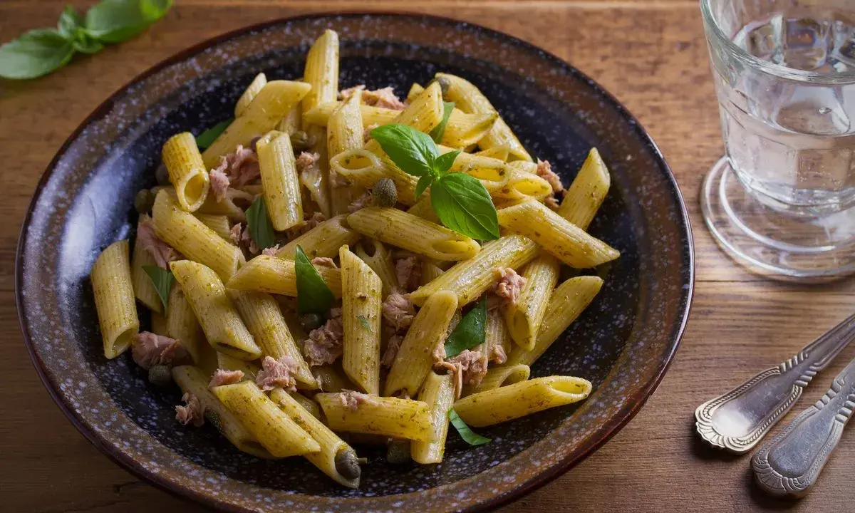 Penne al pesto con tonno, capperi e basilico fresco, un piatto gustoso e veloce.