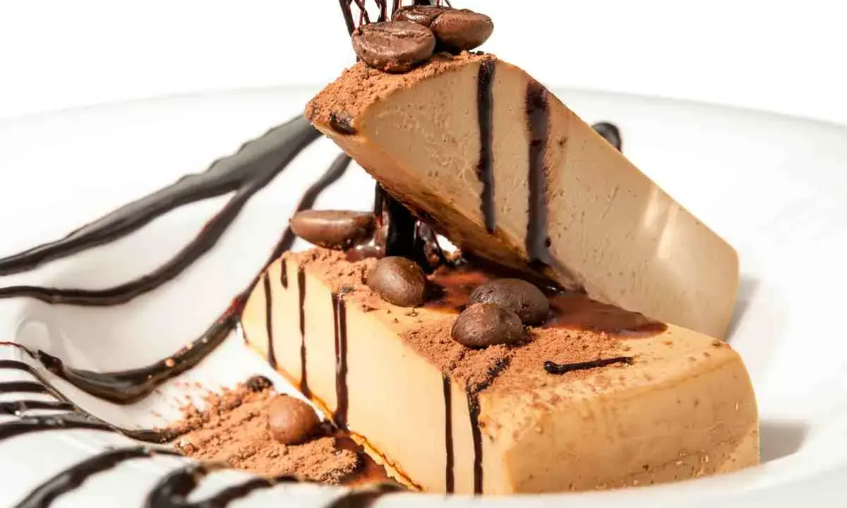 Due fette di semifreddo al caffè, decorate con cacao, chicchi di caffè e salsa al cioccolato, su un piatto bianco.