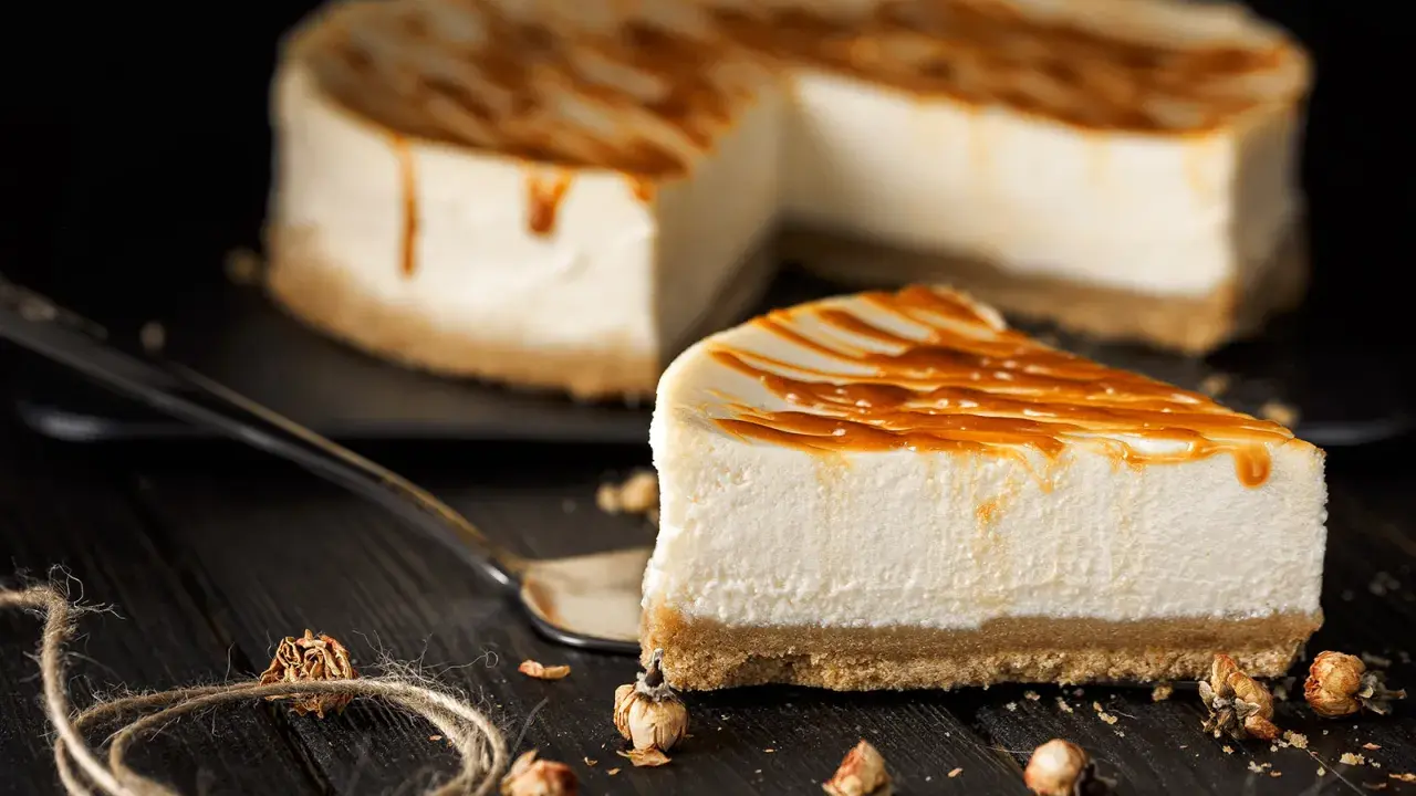 Una fetta di cheesecake senza gelatina, con colatura di caramello, su un piatto scuro.