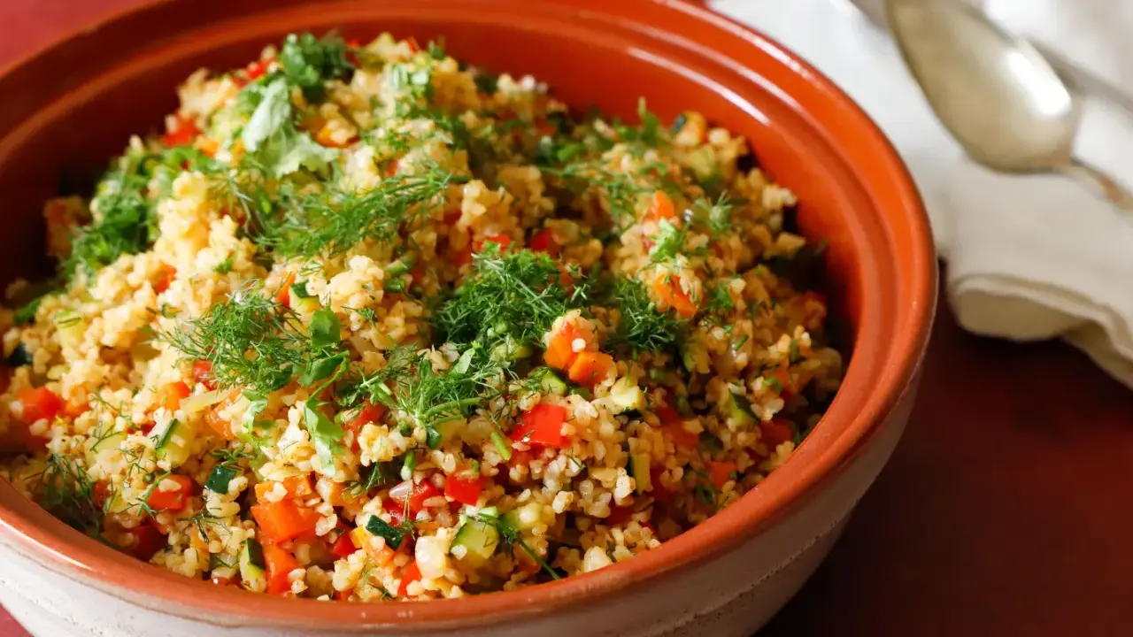 Tabulè di verdure fresco e colorato, con pomodori, zucchine e erbe aromatiche, servito in una ciotola di terracotta.