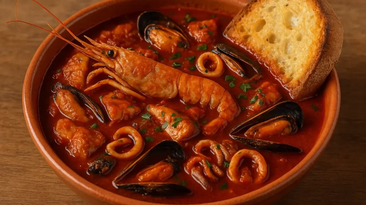 Un invitante cacciucco alla livornese, ricco di pesce fresco, cozze, gamberi e anelli di calamaro, servito con una fetta di pane tostato.