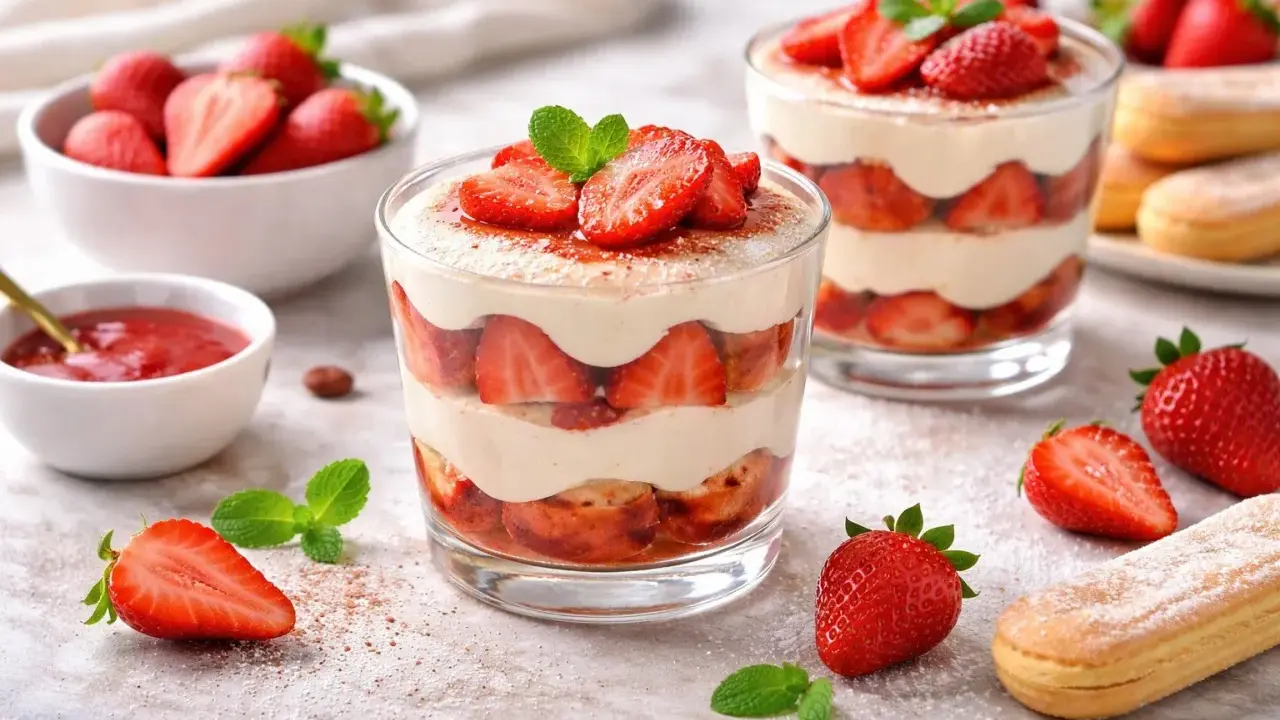 Delizioso tiramisù alle fragole in coppetta, con strati di savoiardi, crema e fragole fresche, guarnito con menta.