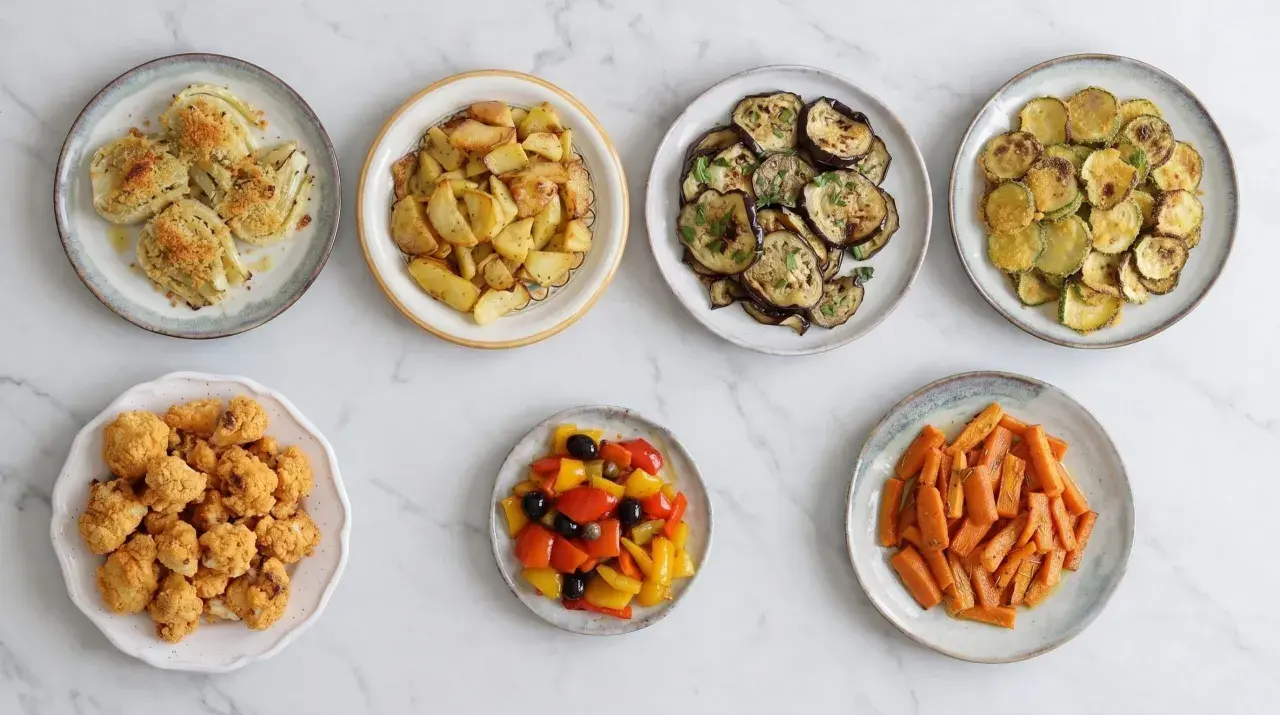 Sette piatti di verdure in friggitrice ad aria: finocchi, patate, melanzane, zucchine, cavolfiore, peperoni e carote.