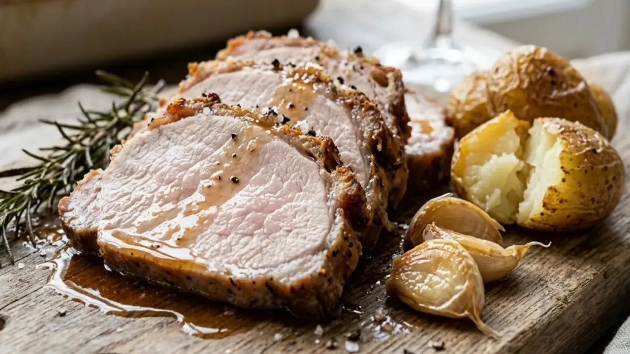 Arista di maiale succulenta affettata su tagliere di legno, con patate arrosto, aglio e rosmarino.