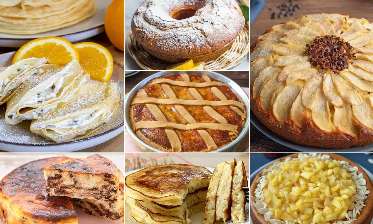 Collage di dolci: crepes alla ricotta, torta di mele, pastiera, ciambellone, cheesecake alla frutta e pancake.