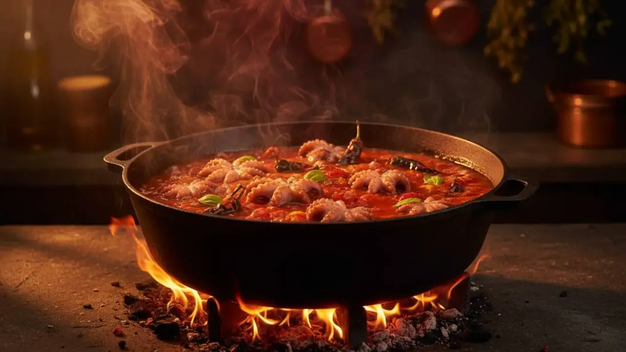 Polipetti in umido, cotti lentamente su un fuoco vivo, emanano un profumo invitante. Un vero e proprio "purgatorio" culinario per un piatto delizioso.