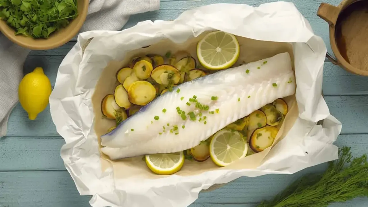 Ombrina al forno con patate e limone, un piatto leggero e gustoso, pronto per essere gustato.
