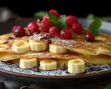 Deliziose crepes dolci con banane, lamponi, sciroppo al cioccolato e zucchero a velo. Una ricetta perfetta per una colazione speciale.