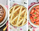 Tre deliziose crostate senza glutine: una al cioccolato e nocciole, una con gocce di cioccolato e crema, e una con fragole fresche e crema.