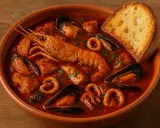 Un invitante cacciucco alla livornese, ricco di pesce fresco, cozze, gamberi e anelli di calamaro, servito con una fetta di pane tostato.