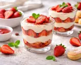 Delizioso tiramisù alle fragole in coppetta, con strati di savoiardi, crema e fragole fresche, guarnito con menta.