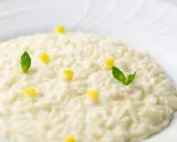 Un cremoso risotto al limone, guarnito con cubetti di limone e foglie di menta fresca, su un piatto bianco.