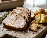 Arista di maiale succulenta affettata su tagliere di legno, con patate arrosto, aglio e rosmarino.