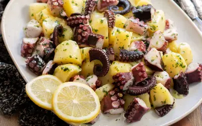 Un invitante polpo con patate, condito con prezzemolo e servito con spicchi di limone.