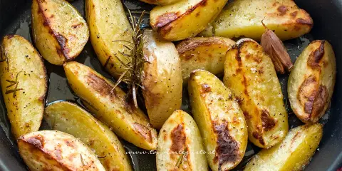 Patate al forno croccanti, dorate e profumate al rosmarino e aglio, pronte per essere gustate.