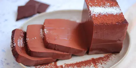 Fette di budino al cioccolato, spolverate di cacao e cocco, su un piatto.