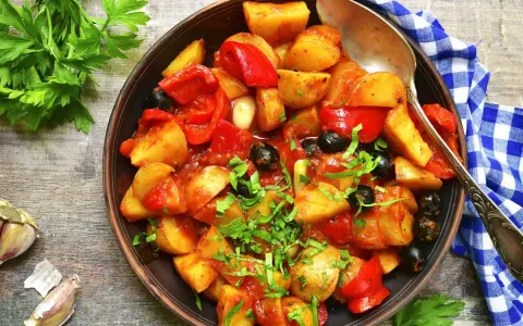 Patate e peperoni in padella, un piatto saporito con olive nere e prezzemolo fresco.