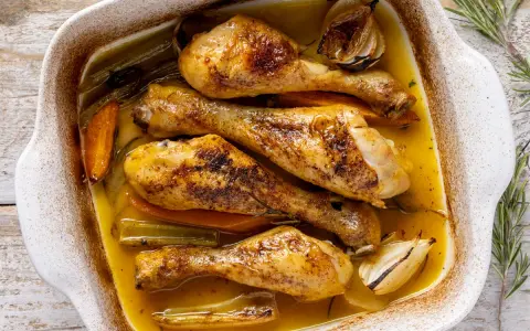 Fusi di pollo dorati e succulenti, cotti in friggitrice ad aria con carote, cipolle e sedano, immersi in un sughetto saporito.