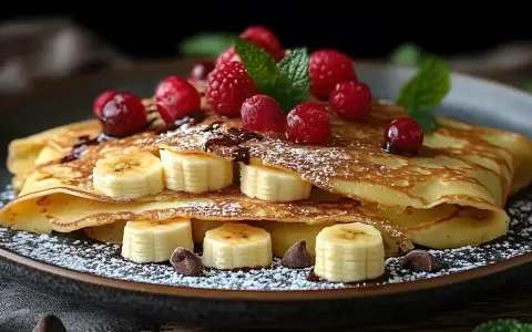 Deliziose crepes dolci con banane, lamponi, sciroppo al cioccolato e zucchero a velo. Una ricetta perfetta per una colazione speciale.