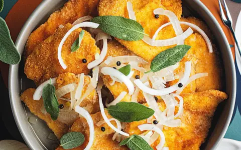 Fette di pollo impanate e dorate, condite con cipolle affettate, pepe nero e foglie di salvia fresca. Un delizioso pollo in carpione.