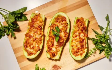 Zucchine ripiene velocissime, dorate e filanti, su tagliere di legno con basilico fresco.