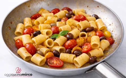 Rigatoni con pomodorini gialli, olive nere e basilico fresco, un piatto semplice e gustoso.