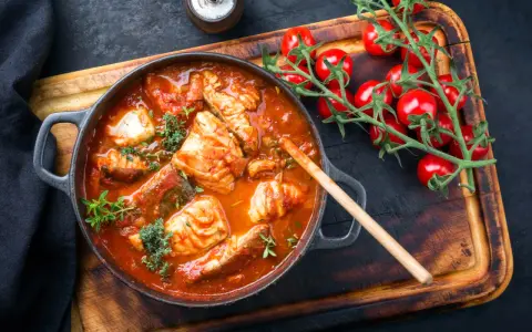 Un invitante guazzetto di pesce in umido, con pomodorini freschi e erbe aromatiche, pronto per essere gustato.
