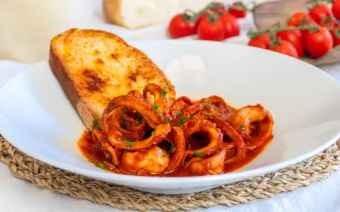 Moscardini in umido succulenti, serviti con pane tostato e pomodorini freschi. Un piatto che sa di mare e tradizione.