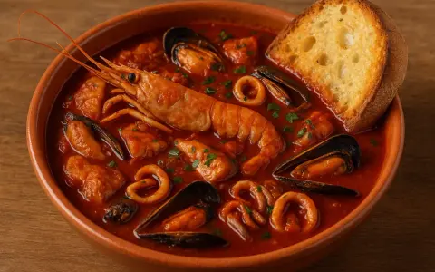 Un invitante cacciucco alla livornese, ricco di pesce fresco, cozze, gamberi e anelli di calamaro, servito con una fetta di pane tostato.