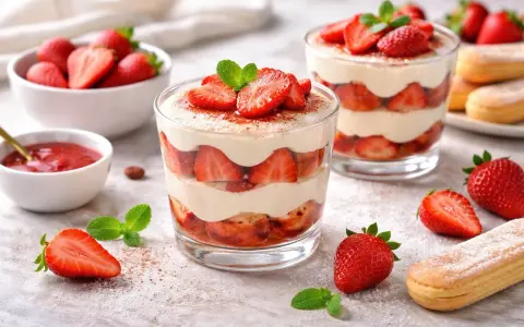 Delizioso tiramisù alle fragole in coppetta, con strati di savoiardi, crema e fragole fresche, guarnito con menta.