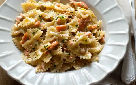 Farfalle cremose con salmone affumicato, un piatto gustoso e invitante, guarnito con prezzemolo fresco e pepe nero.