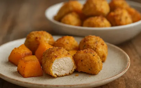 Bocconcini di pollo in friggitrice ad aria, croccanti fuori e succosi dentro, serviti con cubetti di zucca arrostita.