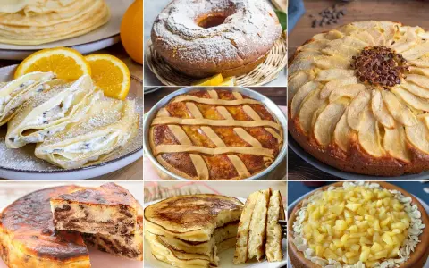 Collage di dolci: crepes alla ricotta, torta di mele, pastiera, ciambellone, cheesecake alla frutta e pancake.