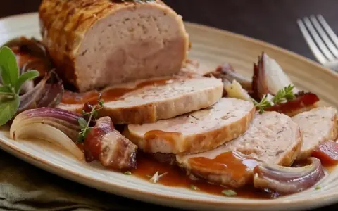Un succulento arrosto di tacchino affettato, servito con cipolle rosse caramellate e un rametto di rosmarino.