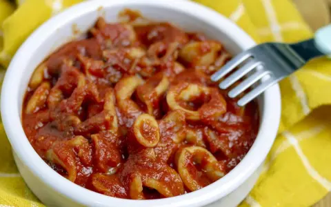 Calamari in umido, un piatto saporito e profumato, servito in una ciotola bianca su un tovagliolo giallo.