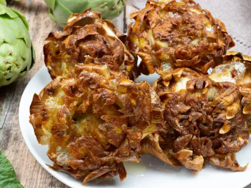 Piatto di carciofi alla giudia dorati e croccanti, con carciofi freschi sullo sfondo.
