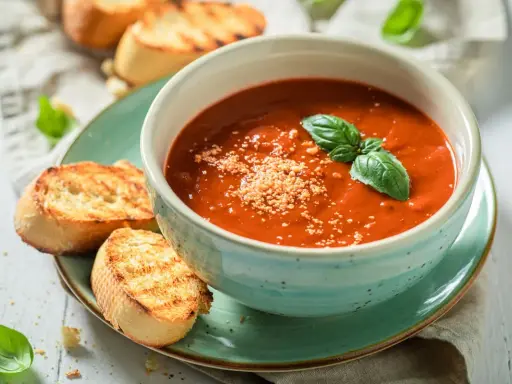 Una ciotola di cremosa zuppa di pomodoro, guarnita con basilico fresco e parmigiano, servita con crostini tostati.