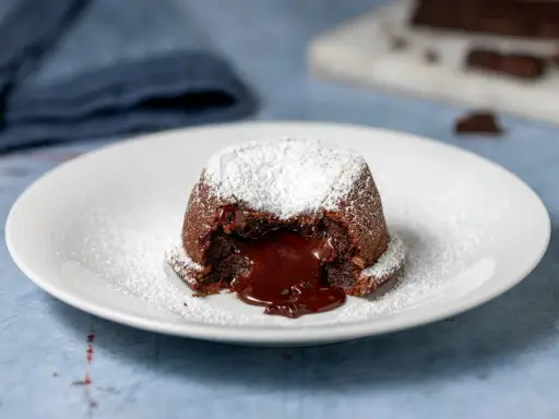 Un tortino al cioccolato con cuore fuso, spolverato di zucchero a velo. Perfetto per dolci morbidi e veloci da preparare.