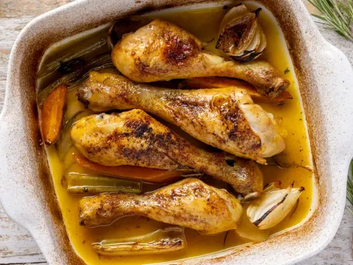 Fusi di pollo dorati e succulenti, cotti in friggitrice ad aria con carote, cipolle e sedano, immersi in un sughetto saporito.