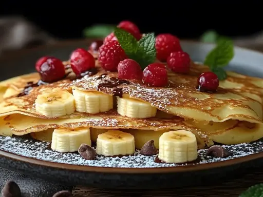 Deliziose crepes dolci con banane, lamponi, sciroppo al cioccolato e zucchero a velo. Una ricetta perfetta per una colazione speciale.