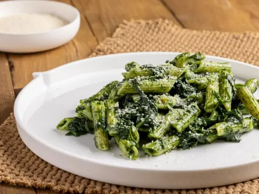 Piatto di pasta con spinaci e parmigiano grattugiato, servito su un piatto bianco.