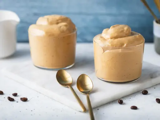 Due bicchieri di cremosa schiuma di caffè, perfetta per una ricetta crema di caffè senza panna. Due cucchiaini dorati e chicchi di caffè completano la scena.