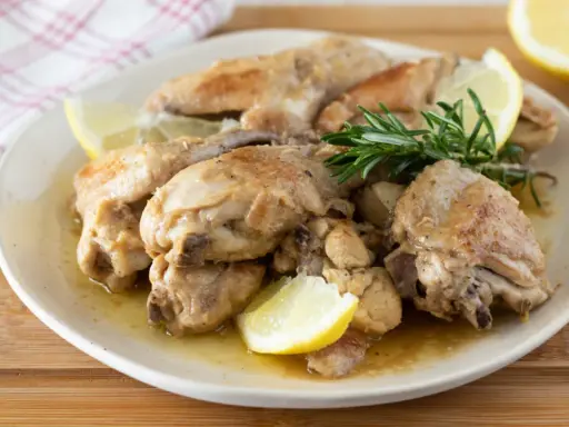 Succulento pollo al limone, dorato e profumato, servito con spicchi di limone fresco e rosmarino su un piatto bianco.