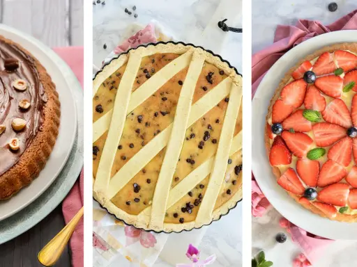Tre deliziose crostate senza glutine: una al cioccolato e nocciole, una con gocce di cioccolato e crema, e una con fragole fresche e crema.